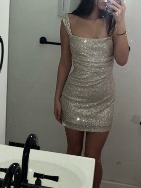 Lucy in the Sky Sequin Mini Dress in Champagne Gold Butterfly Back ruched cowl